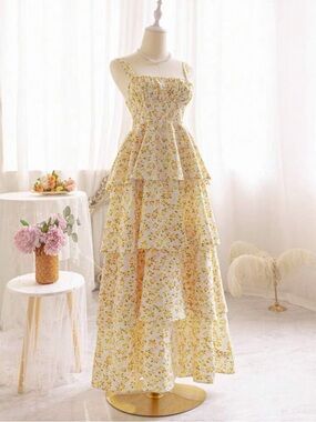 Yellow Floral Tiered Maxi Dress - Elegant Summer Style